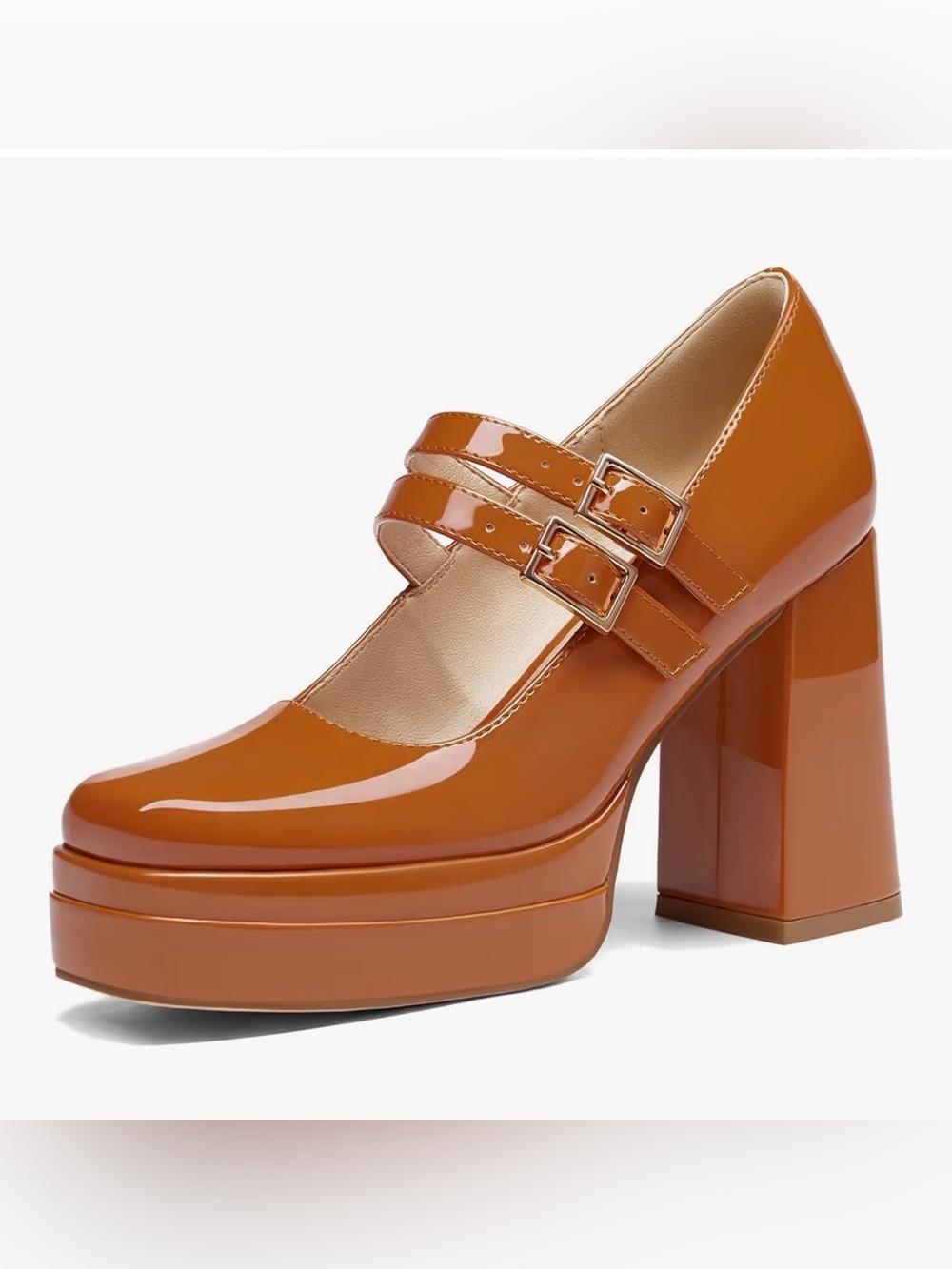 Patent Double-Strap Platform Mary Jane Heels in Cognac